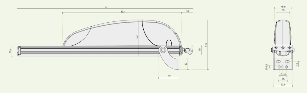 Dimensions de l'actionneur à crémaillère Airwin A65 Comunello