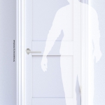 Poignée de porte Ama en chrome satiné sur rosette par le designer en architecture Andrea Maffei pour Colombo Design