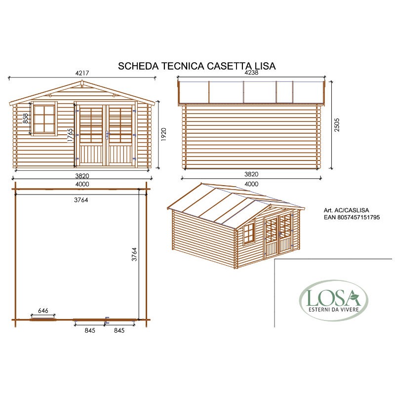 Maison Blockhaus en Bois de Sapin 400x400 cm Lisa Losa