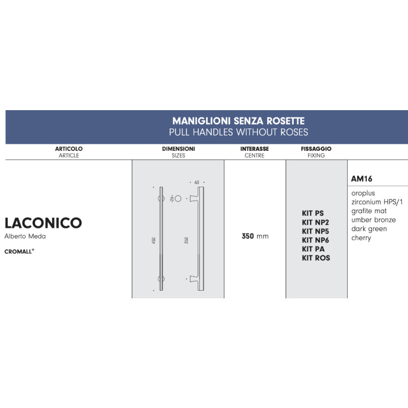 Laconico Colombo Design Poignée de Tirage sans Rosaces Alberto Meda