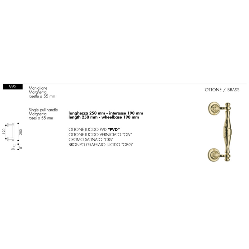 Poignée de Tirage Arieni Margherita 992 Rosaces Ø55 Longueur 250 mm