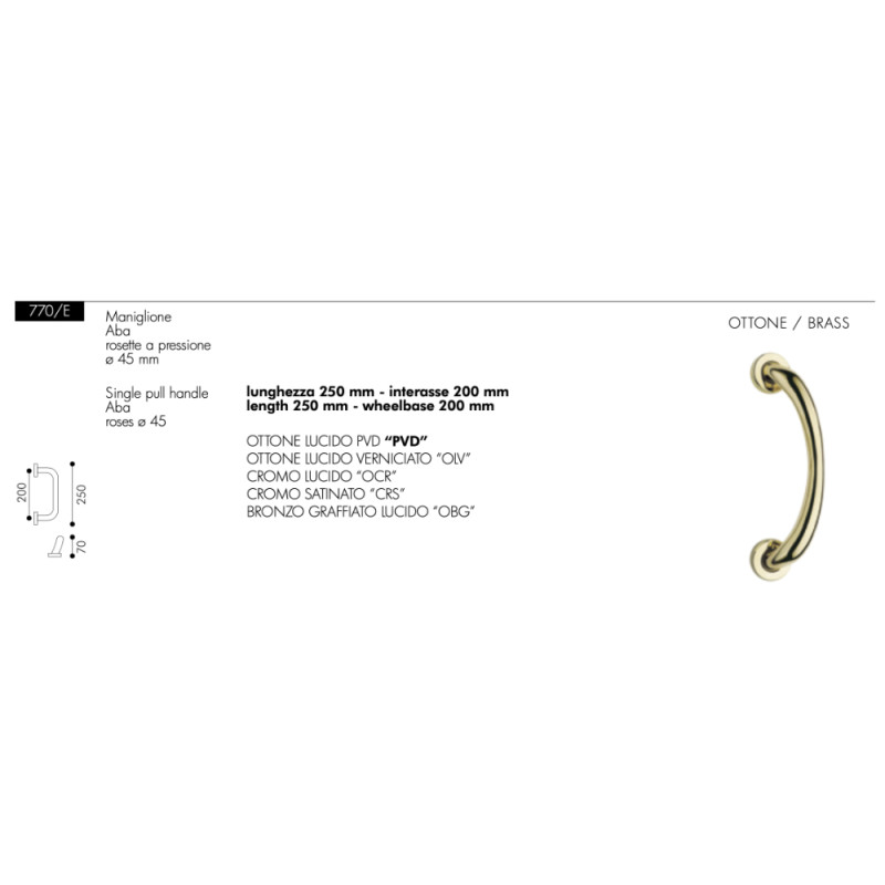 Poignée de Tirage Courbe pour Porte Arieni 770/E Aba 250 mm Ø45 mm