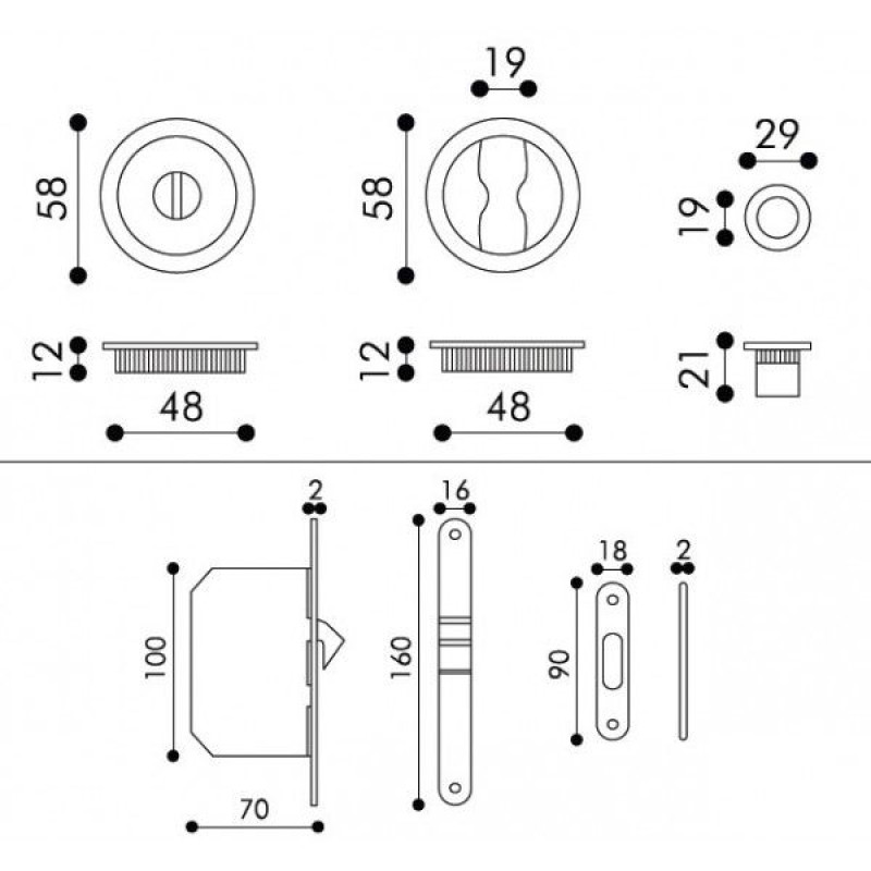 Poignée Encastrée Ronde Porte Coulissante Arieni 94/SP Ø58 Kit Serrure