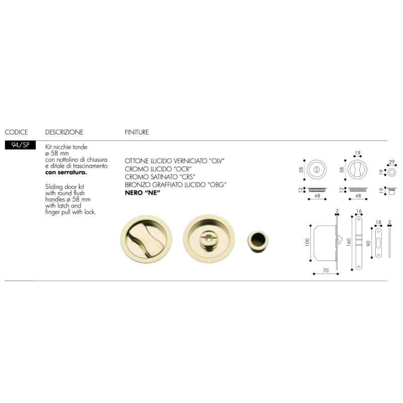 Poignée Encastrée Ronde Porte Coulissante Arieni 94/SP Ø58 Kit Serrure
