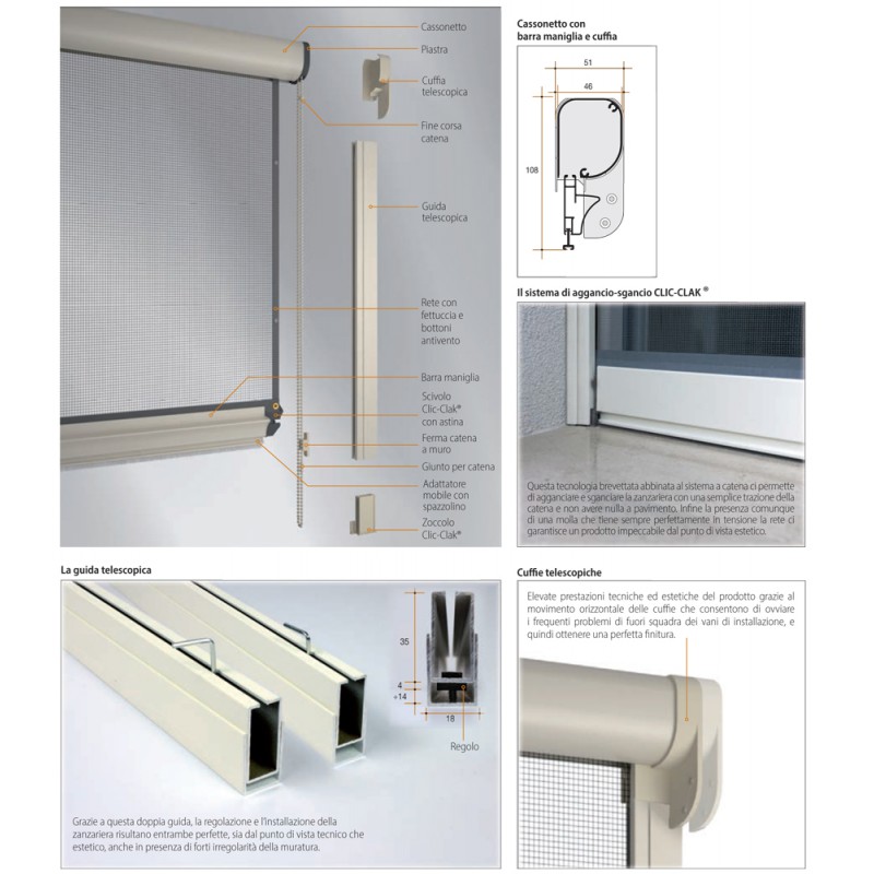Moustiquaire Bettio gamme Clic-Clac Cassone arrondi chaîne verticale